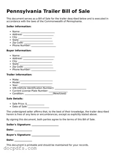 Free Pennsylvania Trailer Bill of Sale Form