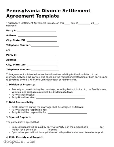 Free Pennsylvania Divorce Settlement Agreement Form