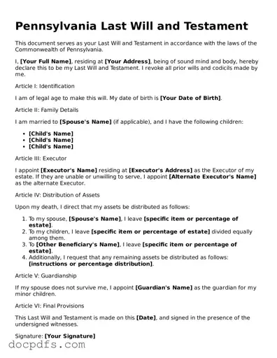 Free Pennsylvania Last Will and Testament Form