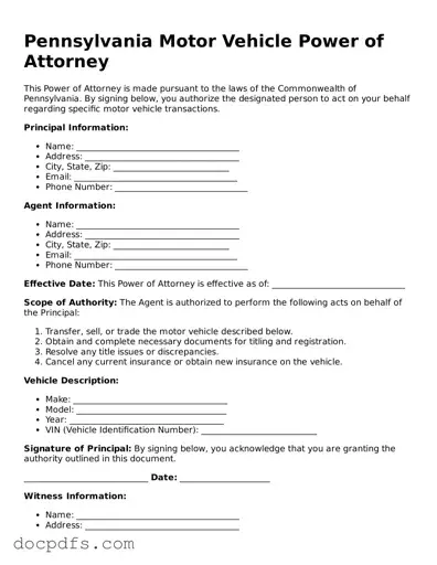 Free Pennsylvania Motor Vehicle Power of Attorney Form