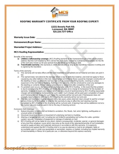 Roofing Warranty Certificate Template in PDF
