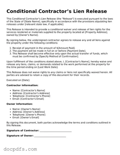 Legal Conditional Contractor’s Lien Release Document