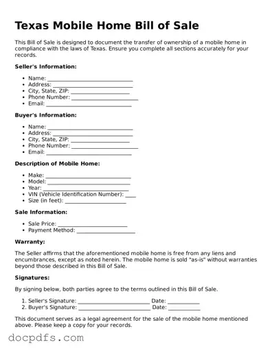 Free Texas Mobile Home Bill of Sale Form