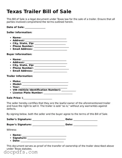 Free Texas Trailer Bill of Sale Form