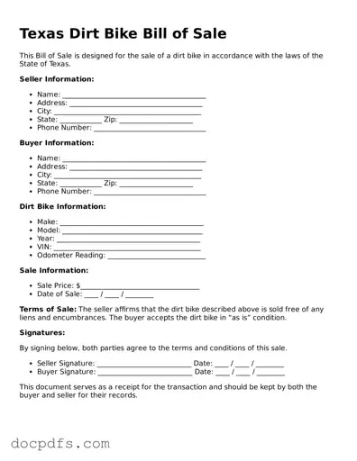 Free Texas Dirt Bike Bill of Sale Form