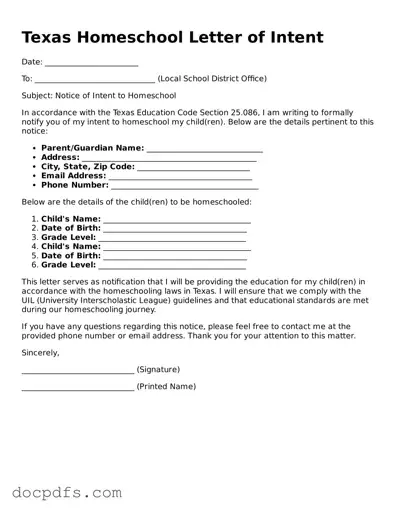 Free Texas Homeschool Letter of Intent Form