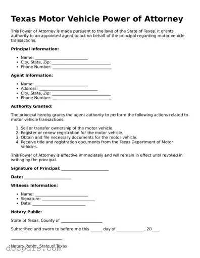 Free Texas Motor Vehicle Power of Attorney Form