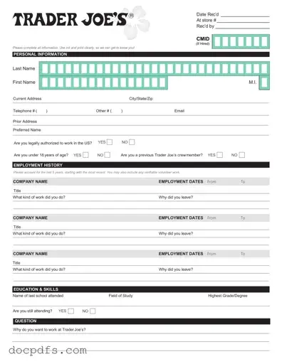 Trader Joe's application Template in PDF