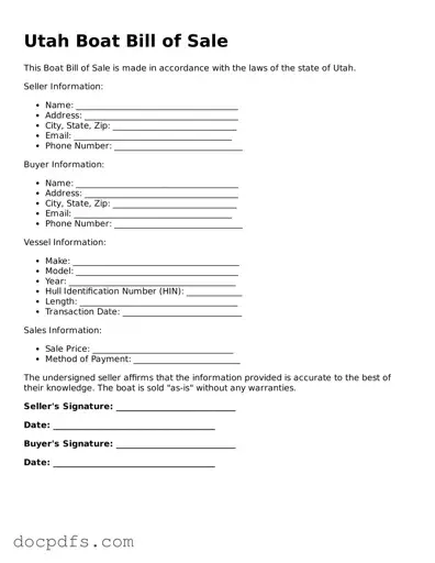 Free Utah Boat Bill of Sale Form