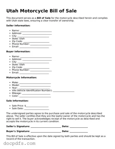 Free Utah Motorcycle Bill of Sale Form
