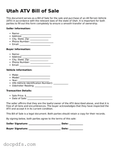 Free Utah ATV Bill of Sale Form