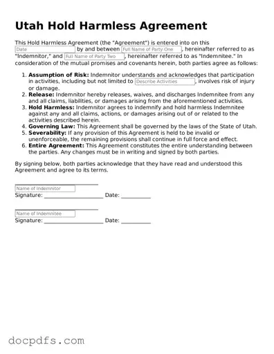 Free Utah Hold Harmless Agreement Form