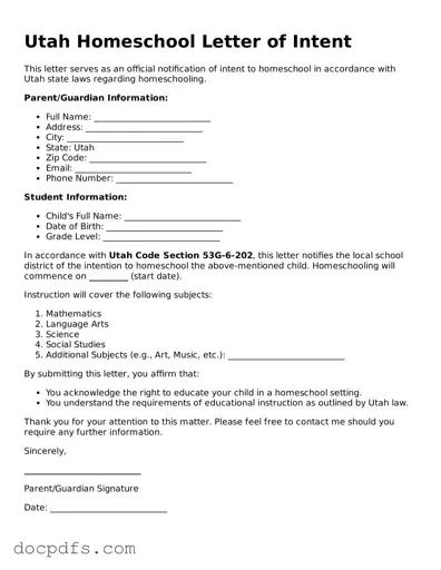 Free Utah Homeschool Letter of Intent Form