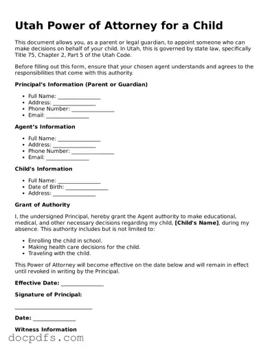 Free Utah Power of Attorney for a Child Form