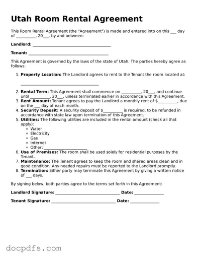 Free Utah Room Rental Agreement Form