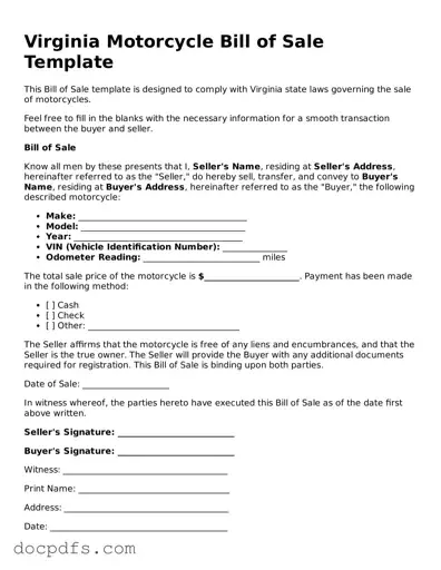 Free Virginia Motorcycle Bill of Sale Form