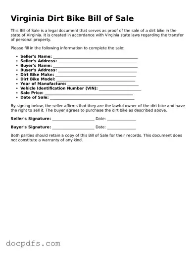 Free Virginia Dirt Bike Bill of Sale Form