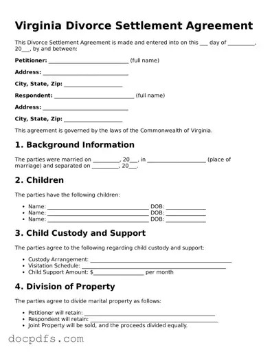 Free Virginia Divorce Settlement Agreement Form
