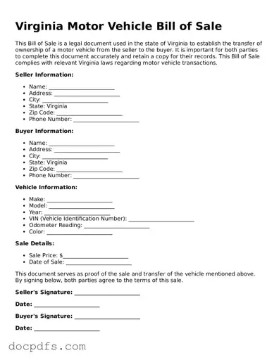 Free Virginia Motor Vehicle Bill of Sale Form