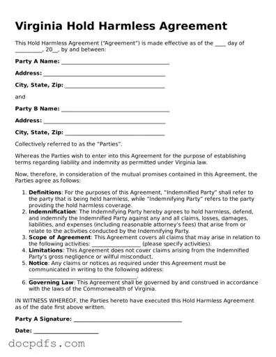 Free Virginia Hold Harmless Agreement Form