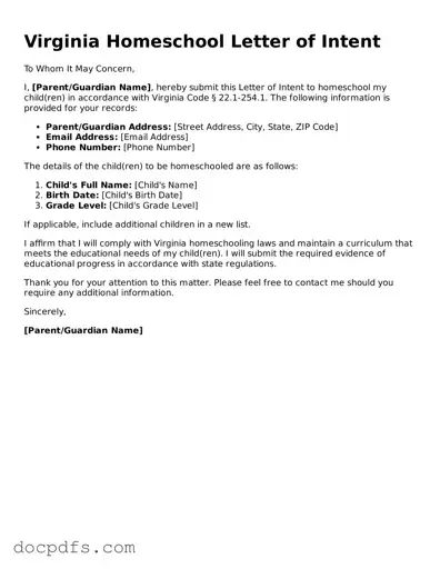 Free Virginia Homeschool Letter of Intent Form