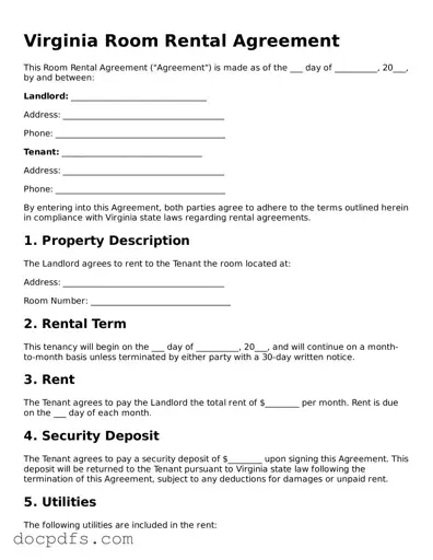 Free Virginia Room Rental Agreement Form