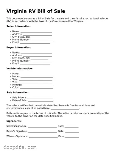 Free Virginia RV Bill of Sale Form