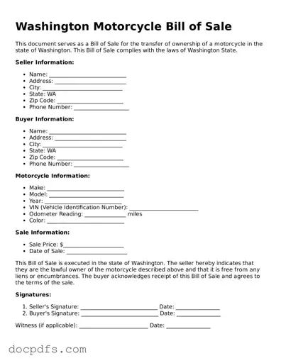 Free Washington Motorcycle Bill of Sale Form
