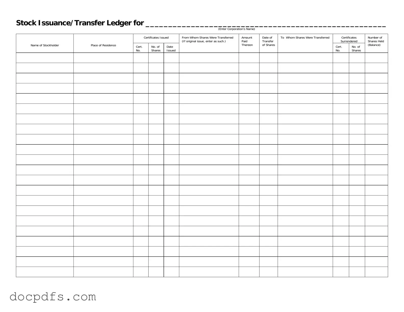 Stock Transfer Ledger Template in PDF