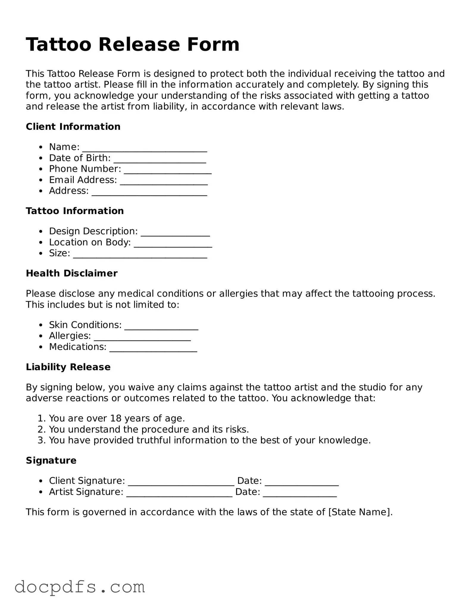 Legal Tattoo Release Document