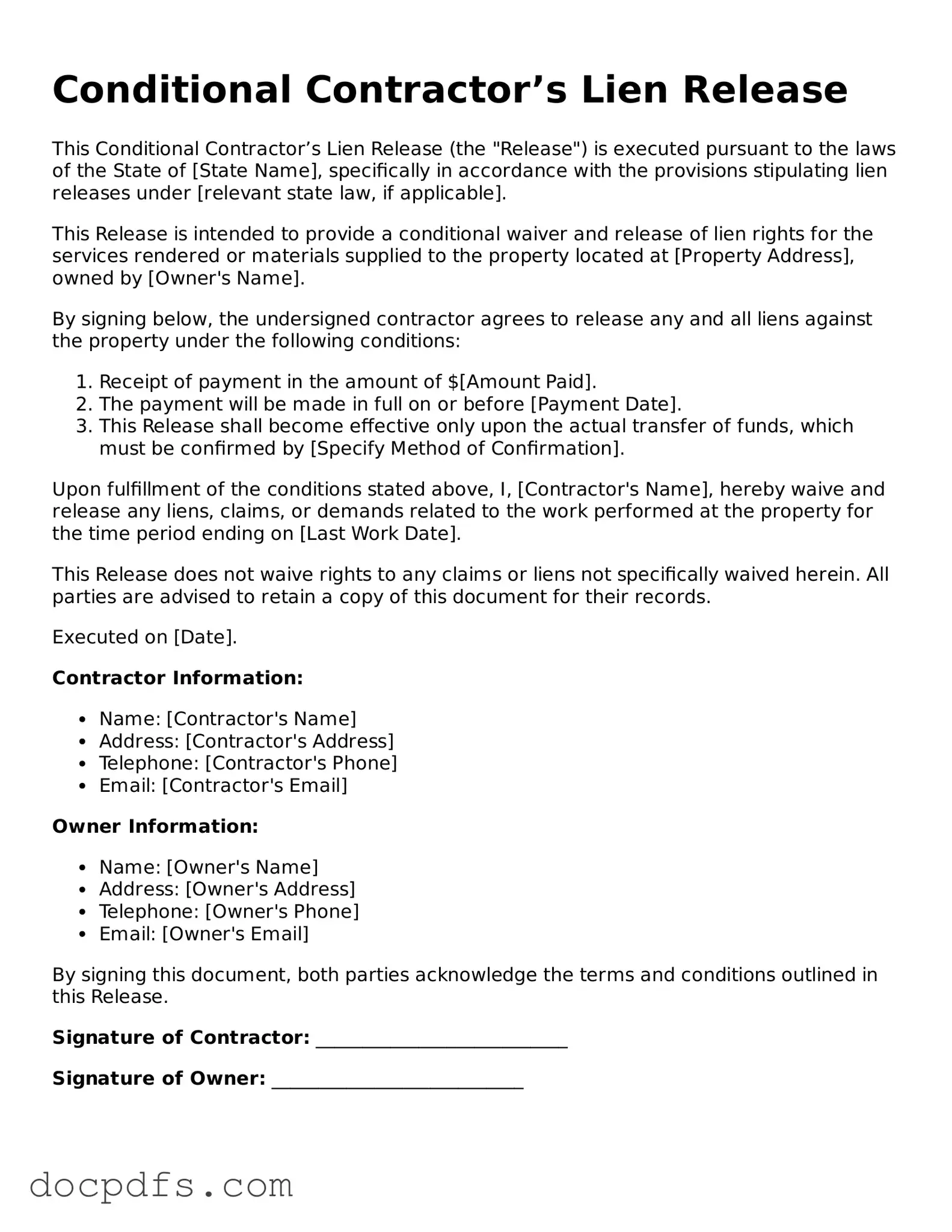 Legal Conditional Contractor’s Lien Release Document