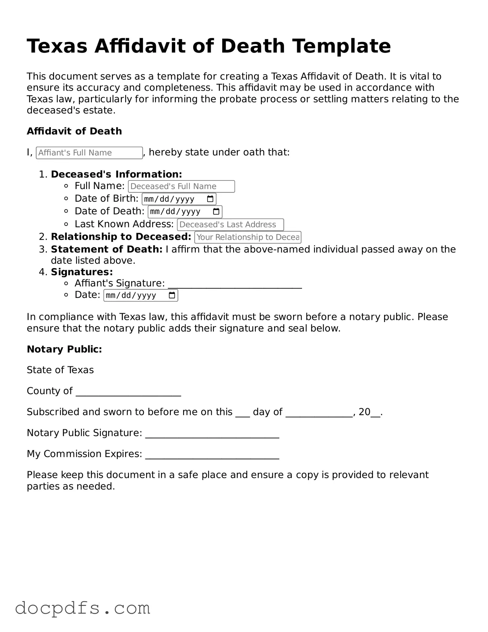 Free Texas Affidavit of Death Form