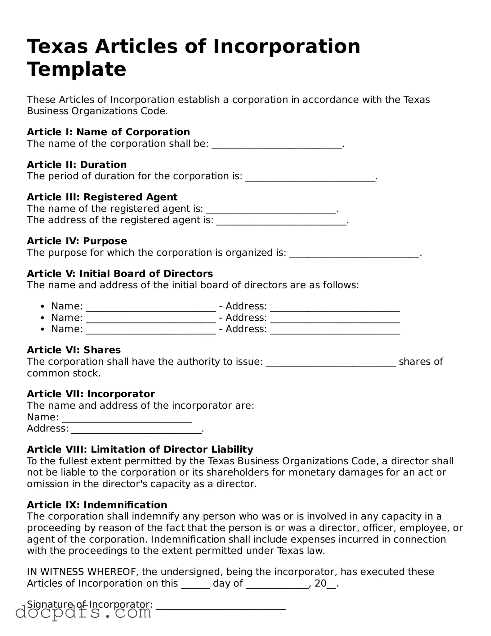 Free Texas Articles of Incorporation Form
