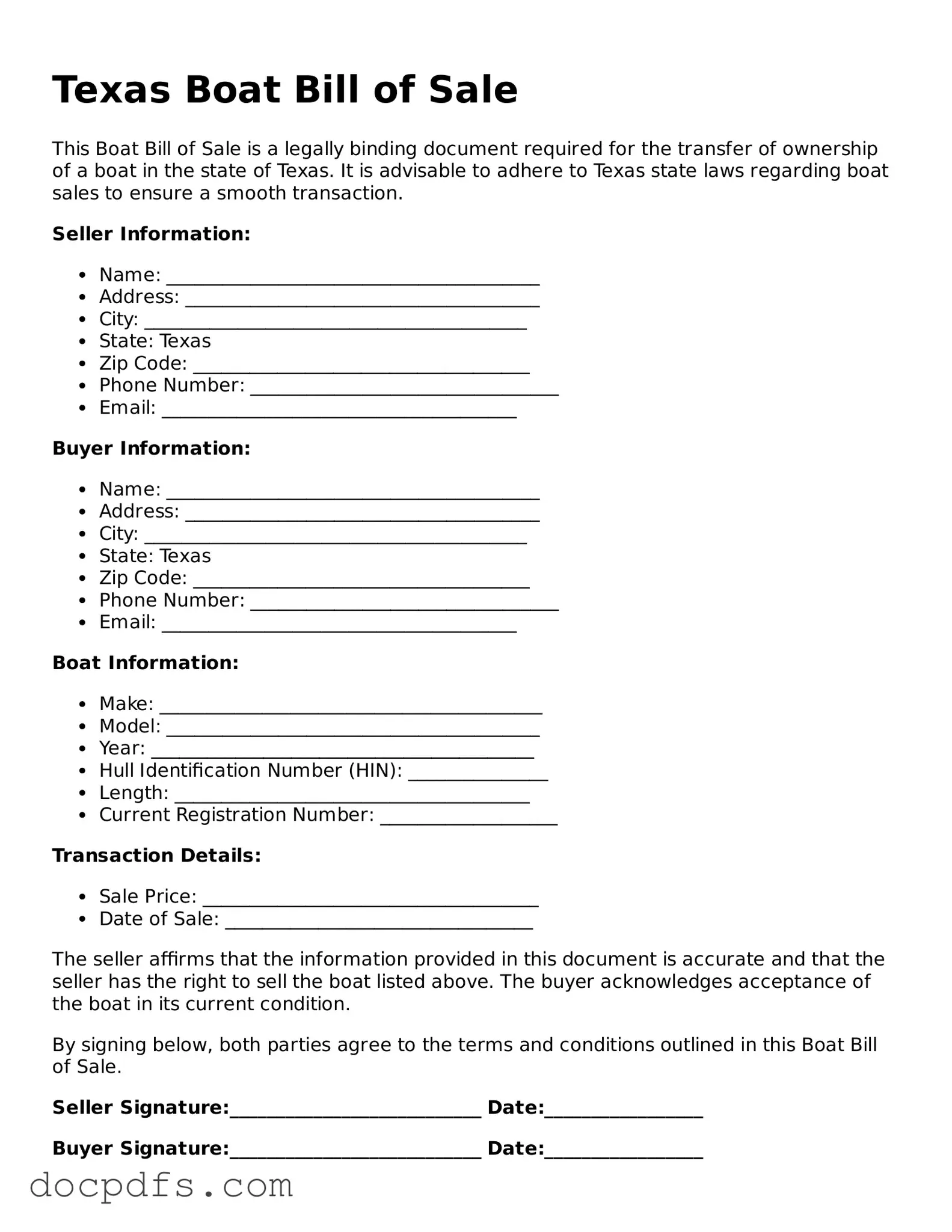 Free Texas Boat Bill of Sale Form