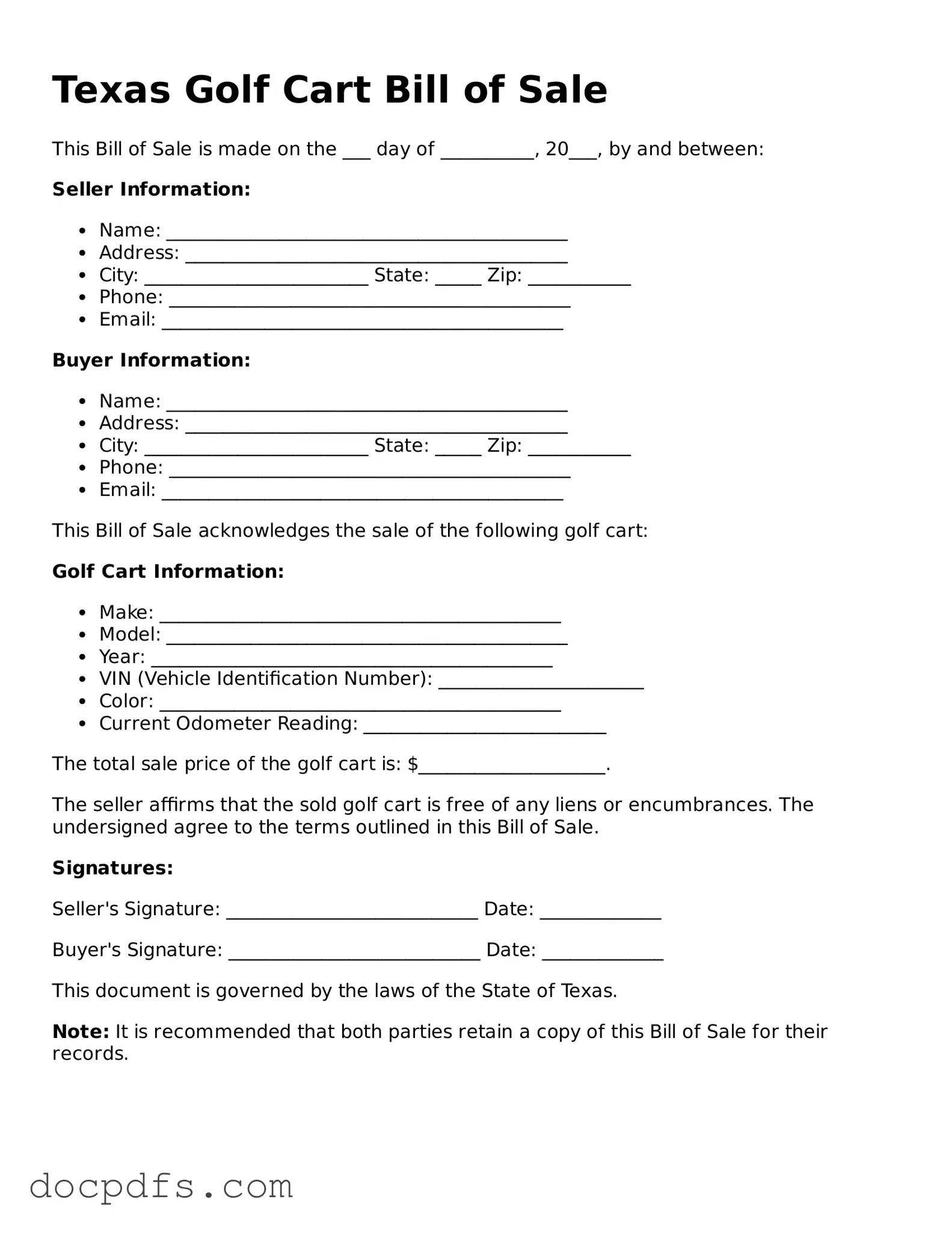 Free Texas Golf Cart Bill of Sale Form