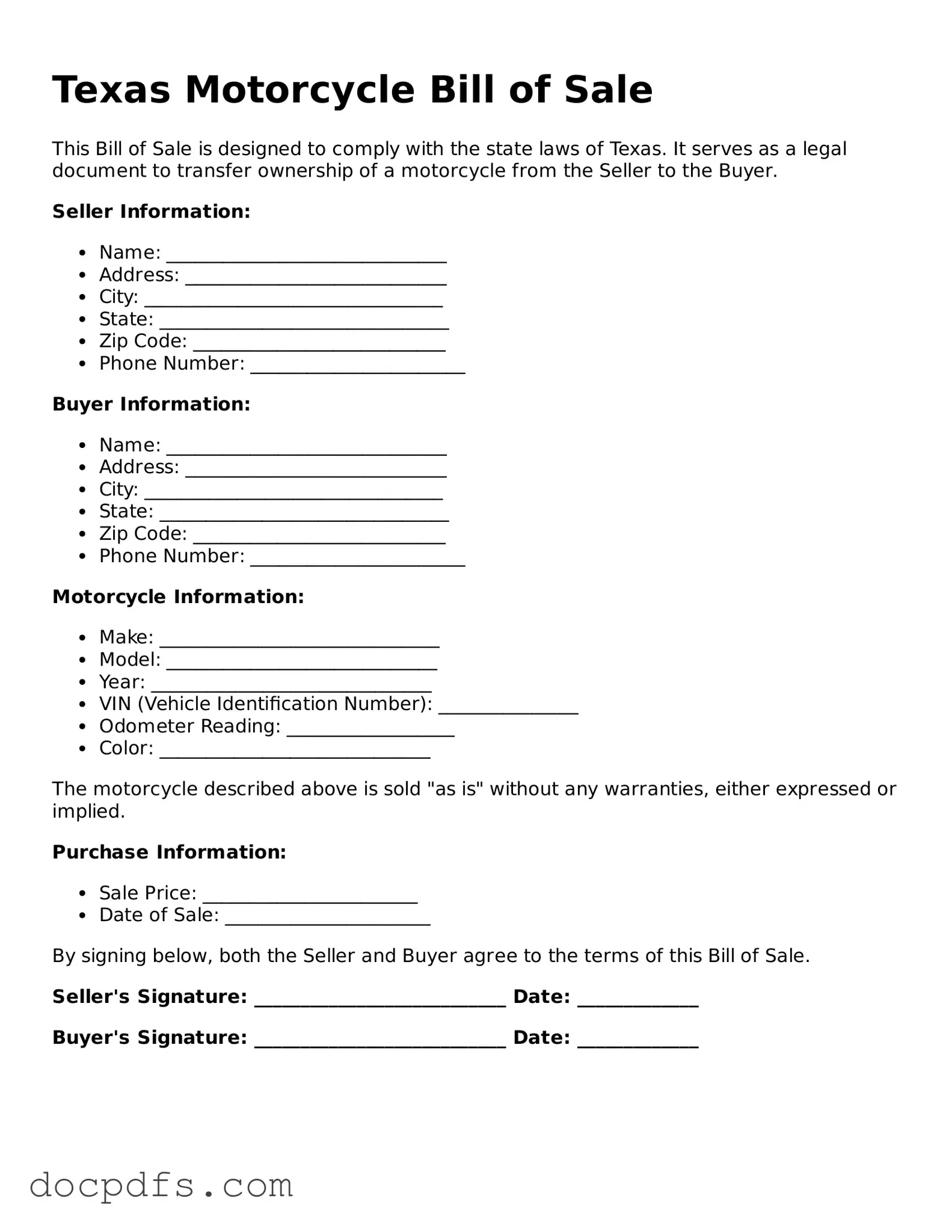 Free Texas Motorcycle Bill of Sale Form