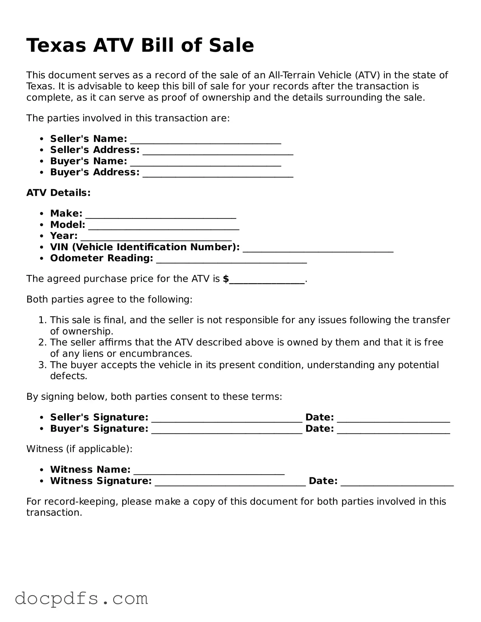 Free Texas ATV Bill of Sale Form