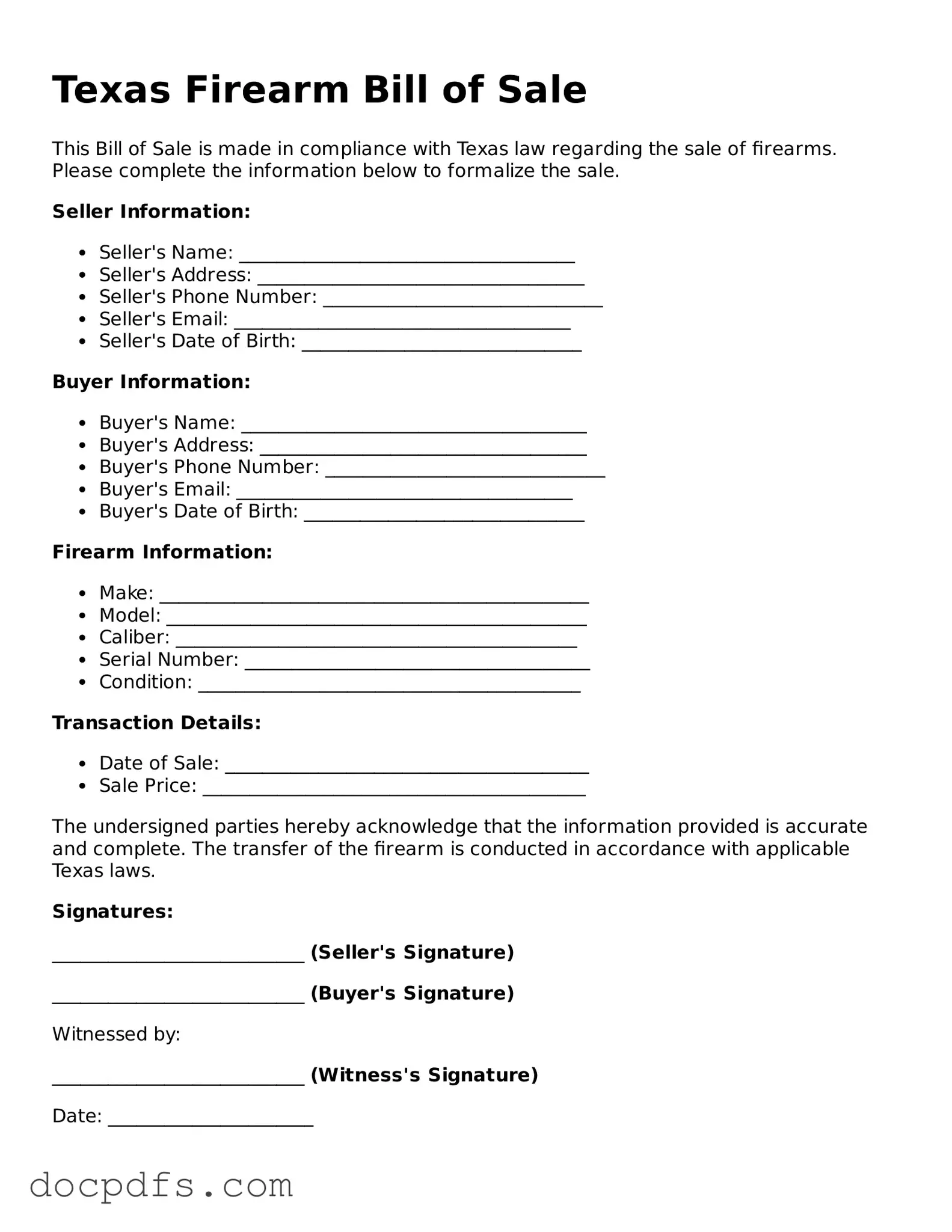 Free Texas Firearm Bill of Sale Form