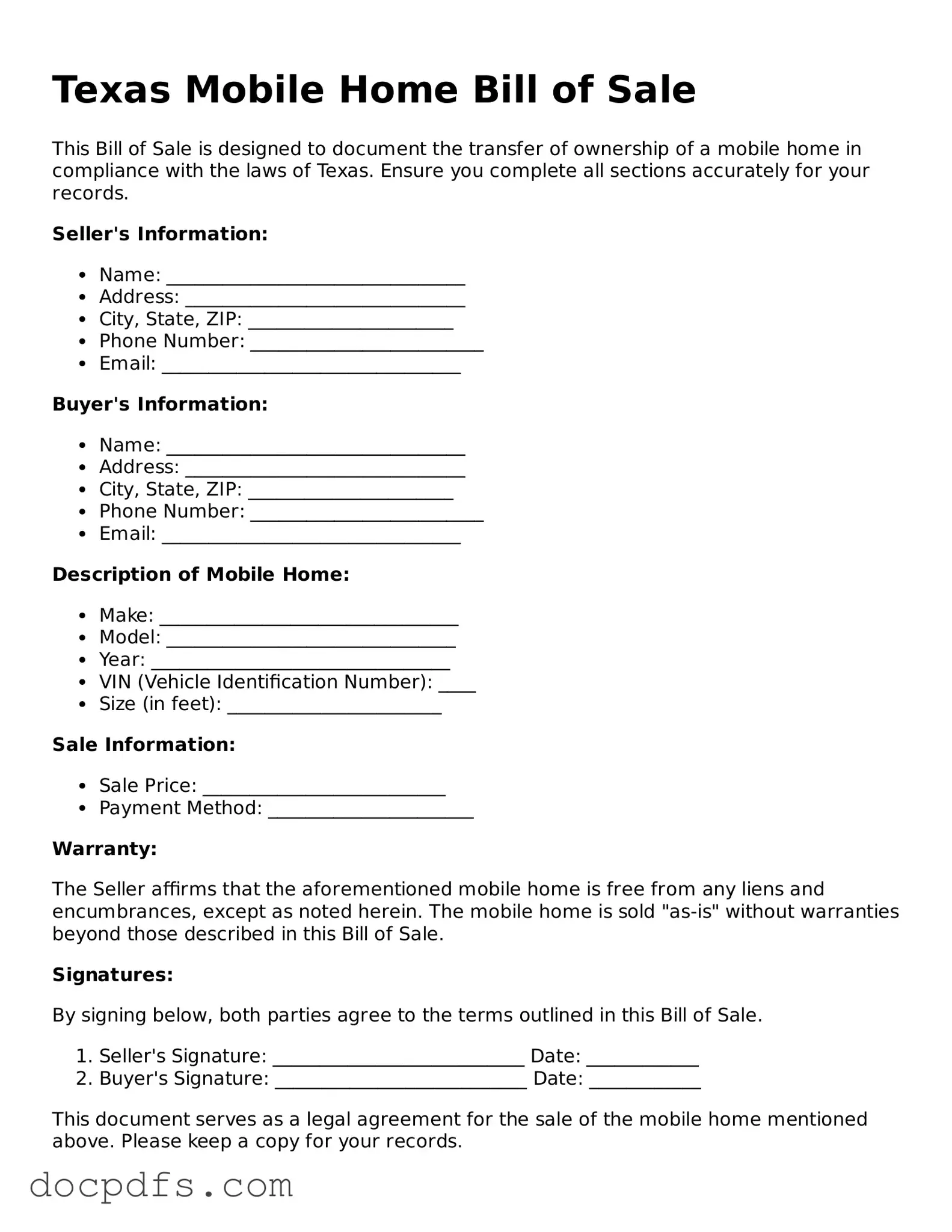 Free Texas Mobile Home Bill of Sale Form