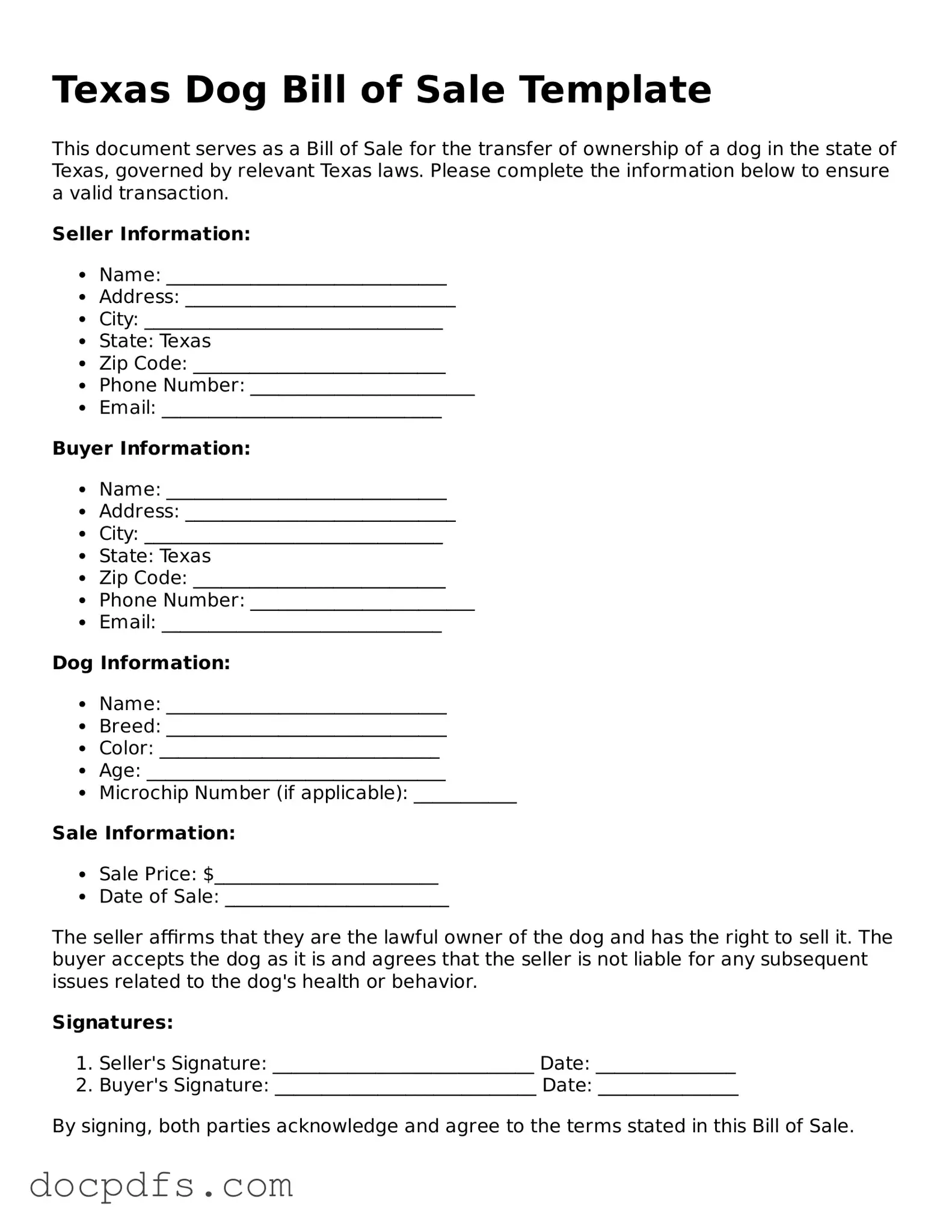 Free Texas Dog Bill of Sale Form