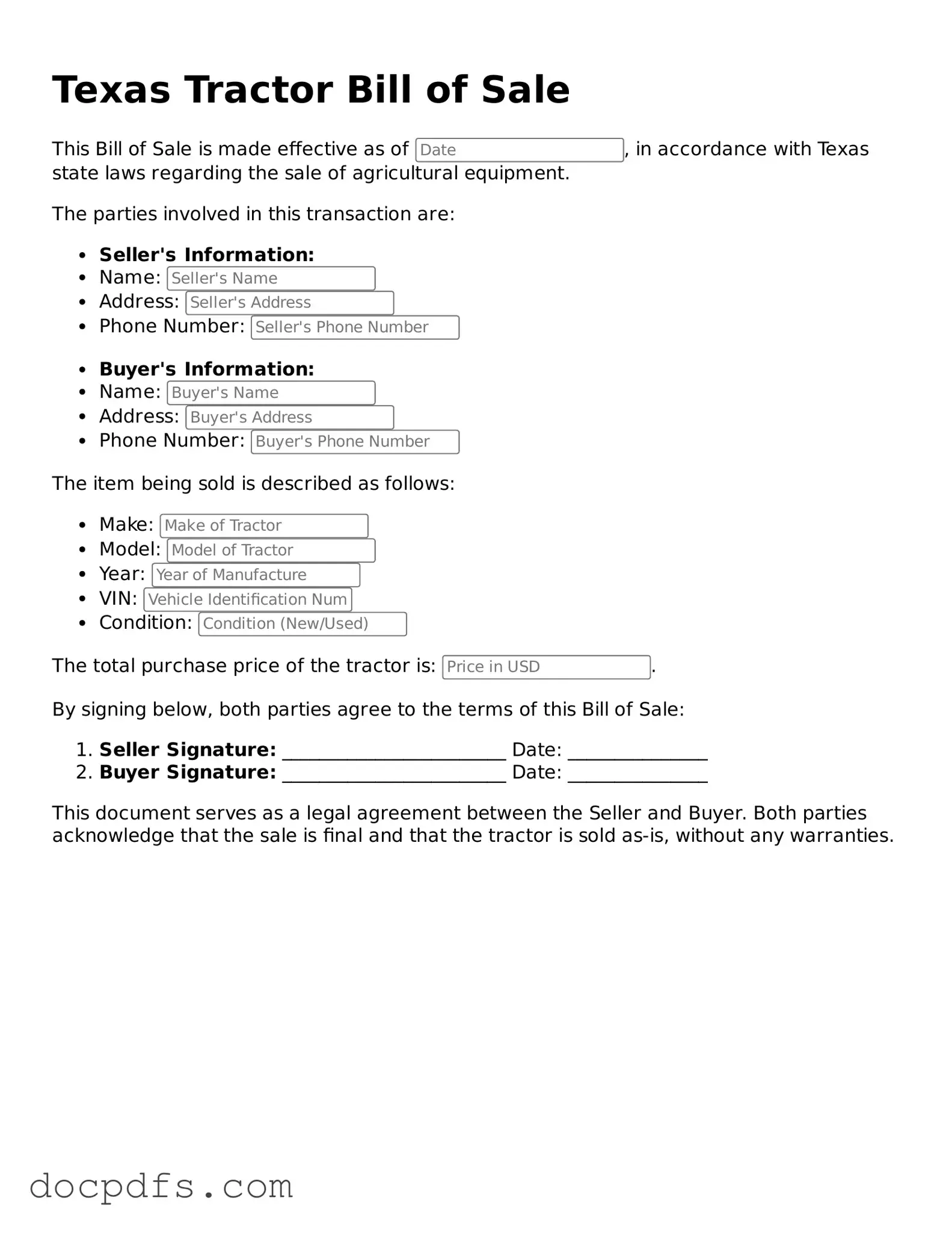Free Texas Tractor Bill of Sale Form