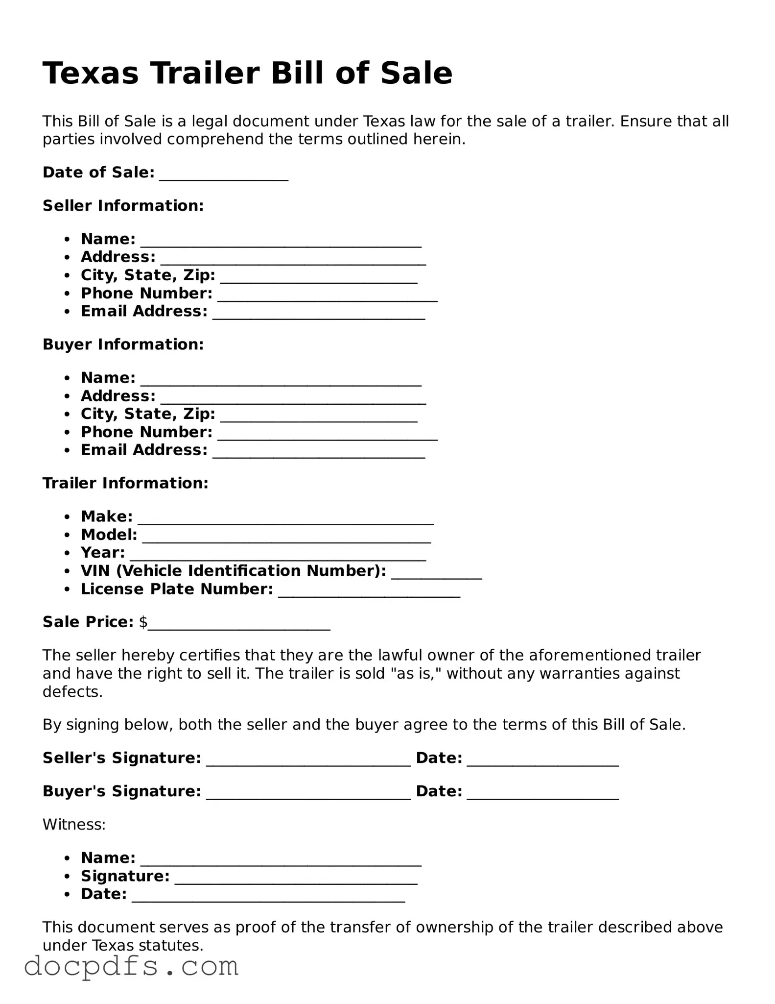 Free Texas Trailer Bill of Sale Form