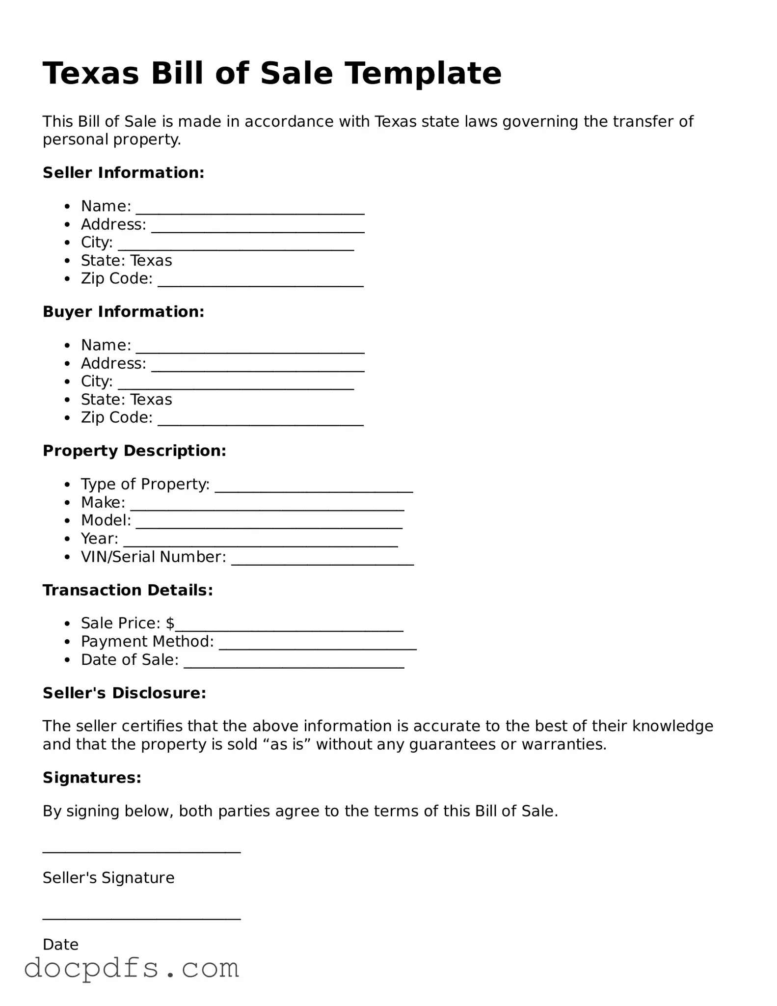 Free Texas Bill of Sale Form