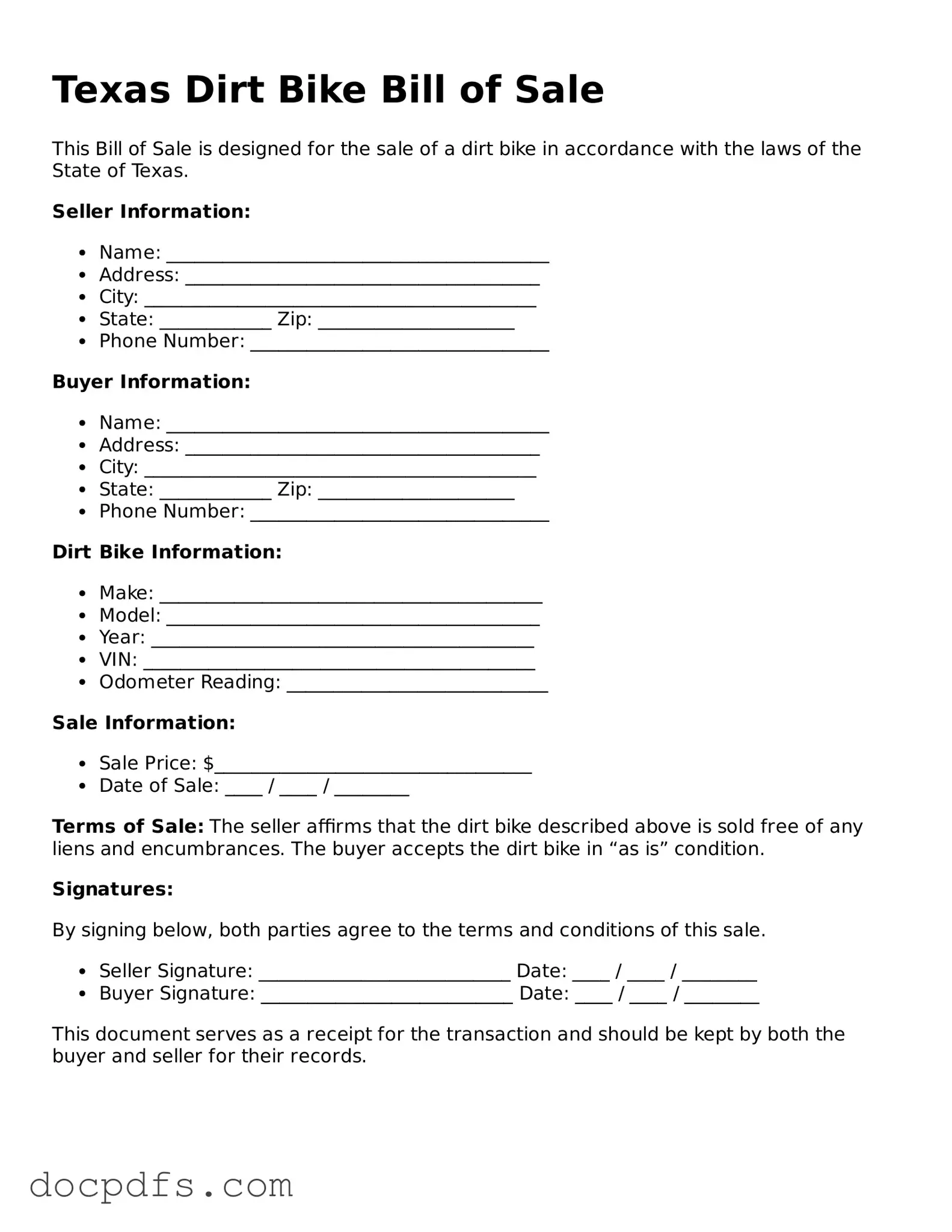 Free Texas Dirt Bike Bill of Sale Form