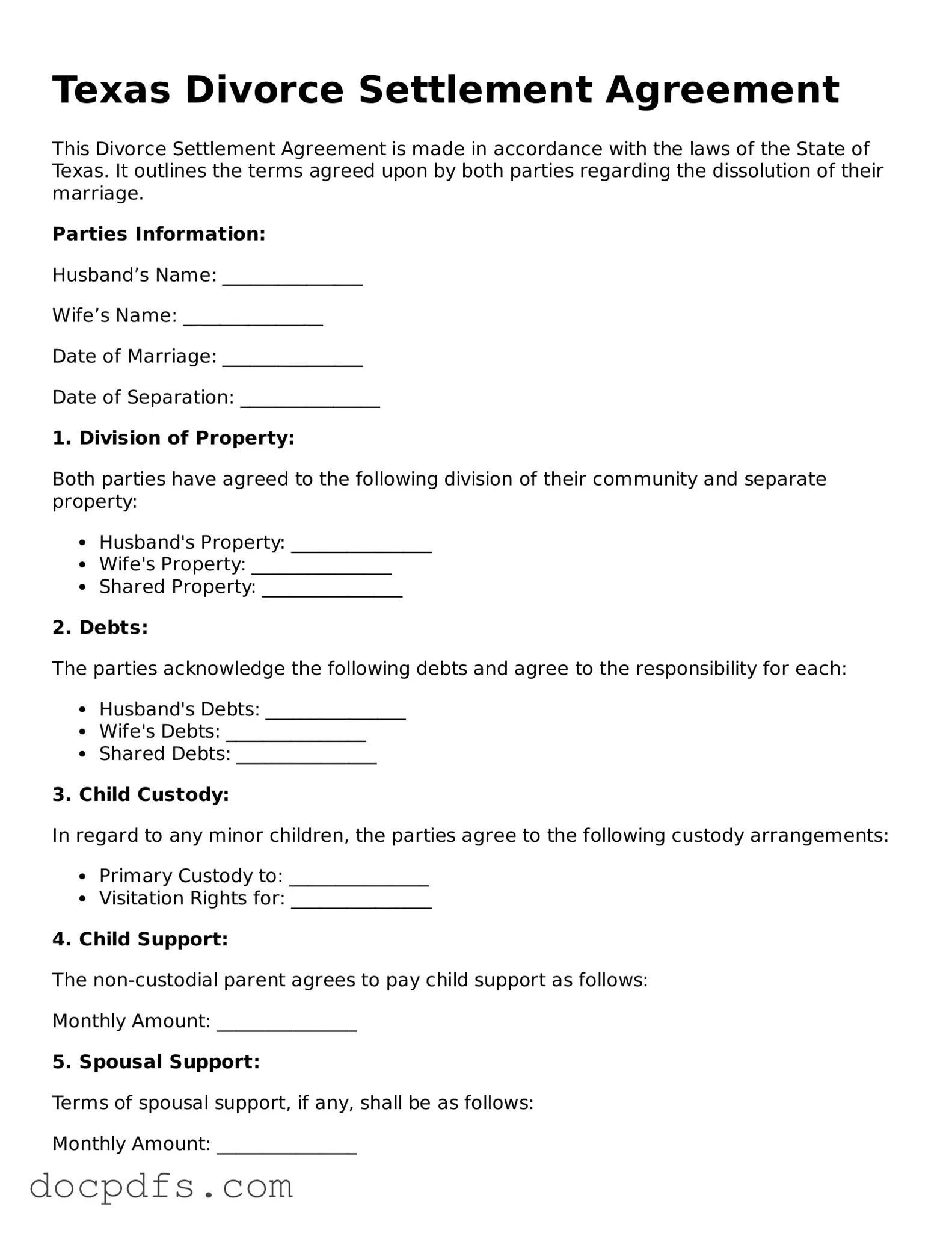Free Texas Divorce Settlement Agreement Form