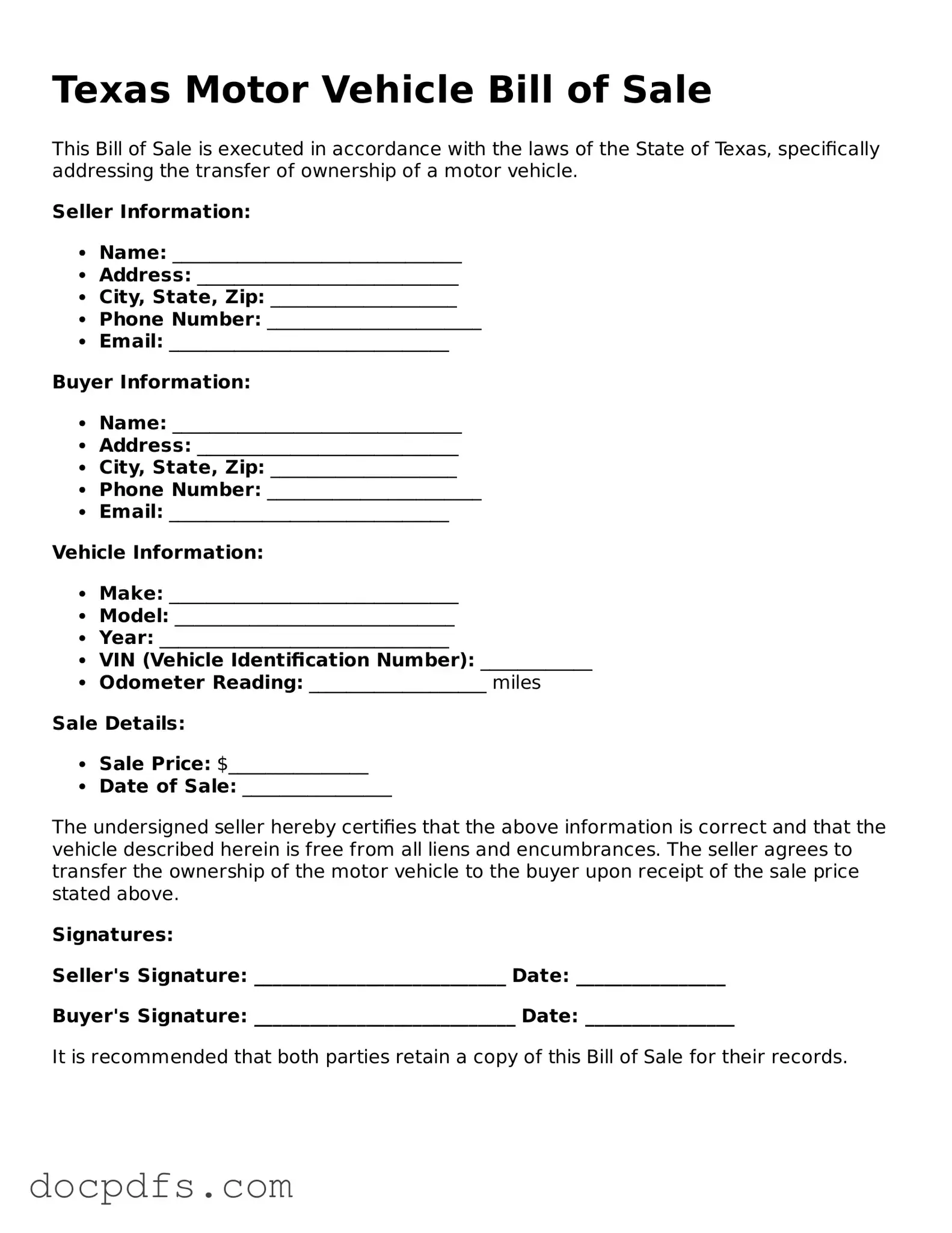 Free Texas Motor Vehicle Bill of Sale Form
