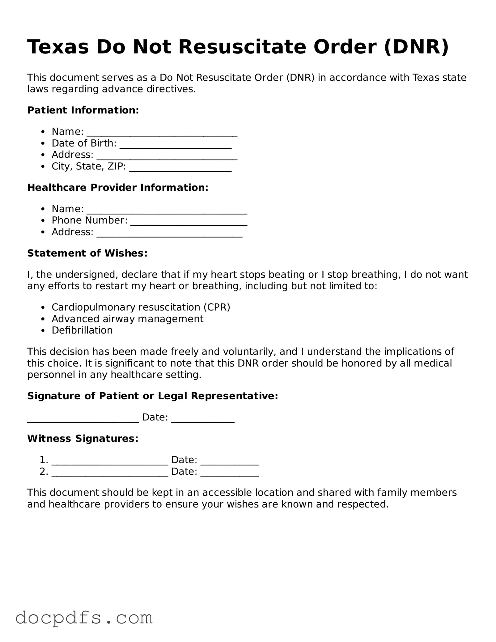 Free Texas Do Not Resuscitate Order Form