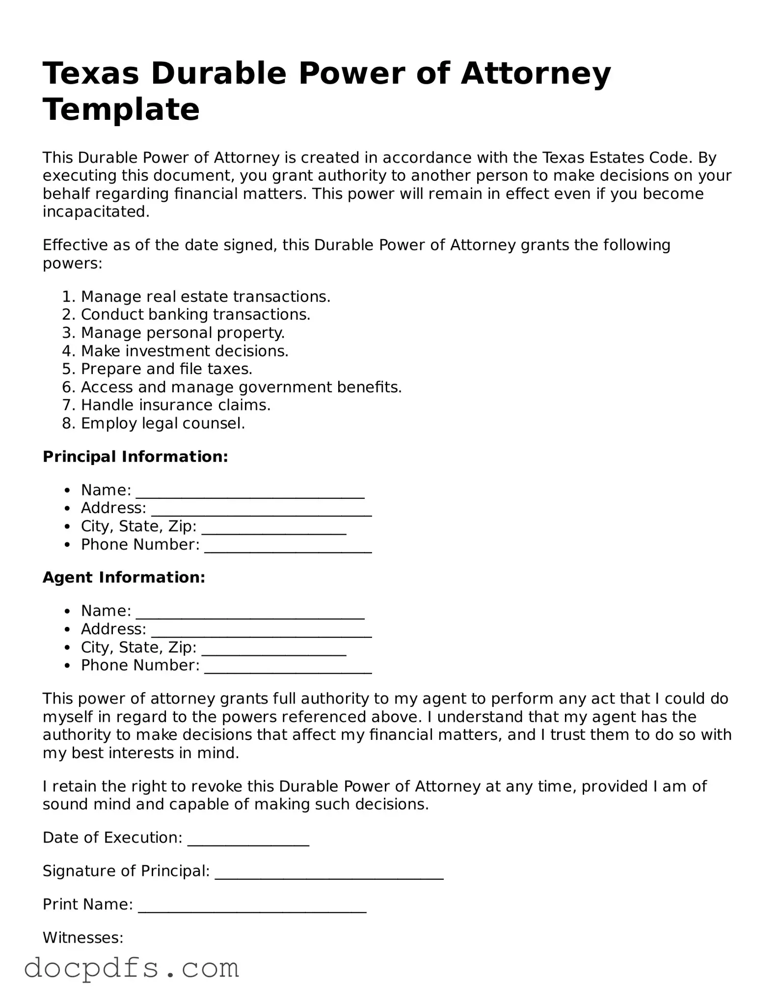 Free Texas Durable Power of Attorney Form