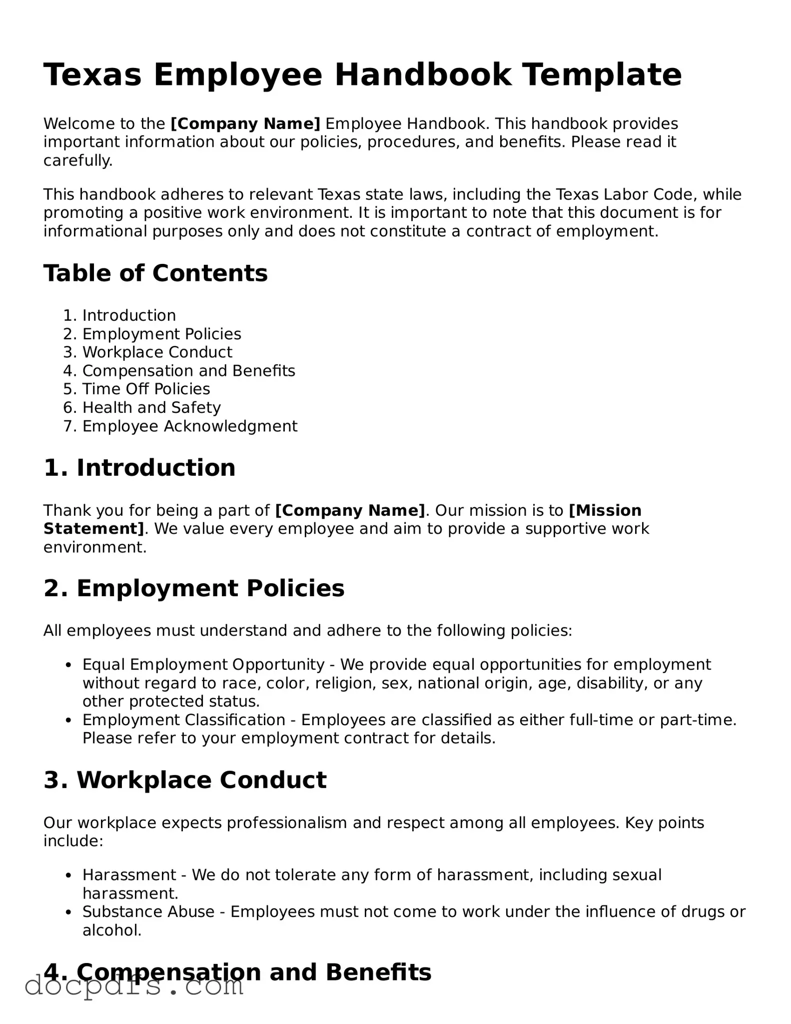 Free Texas Employee Handbook Form