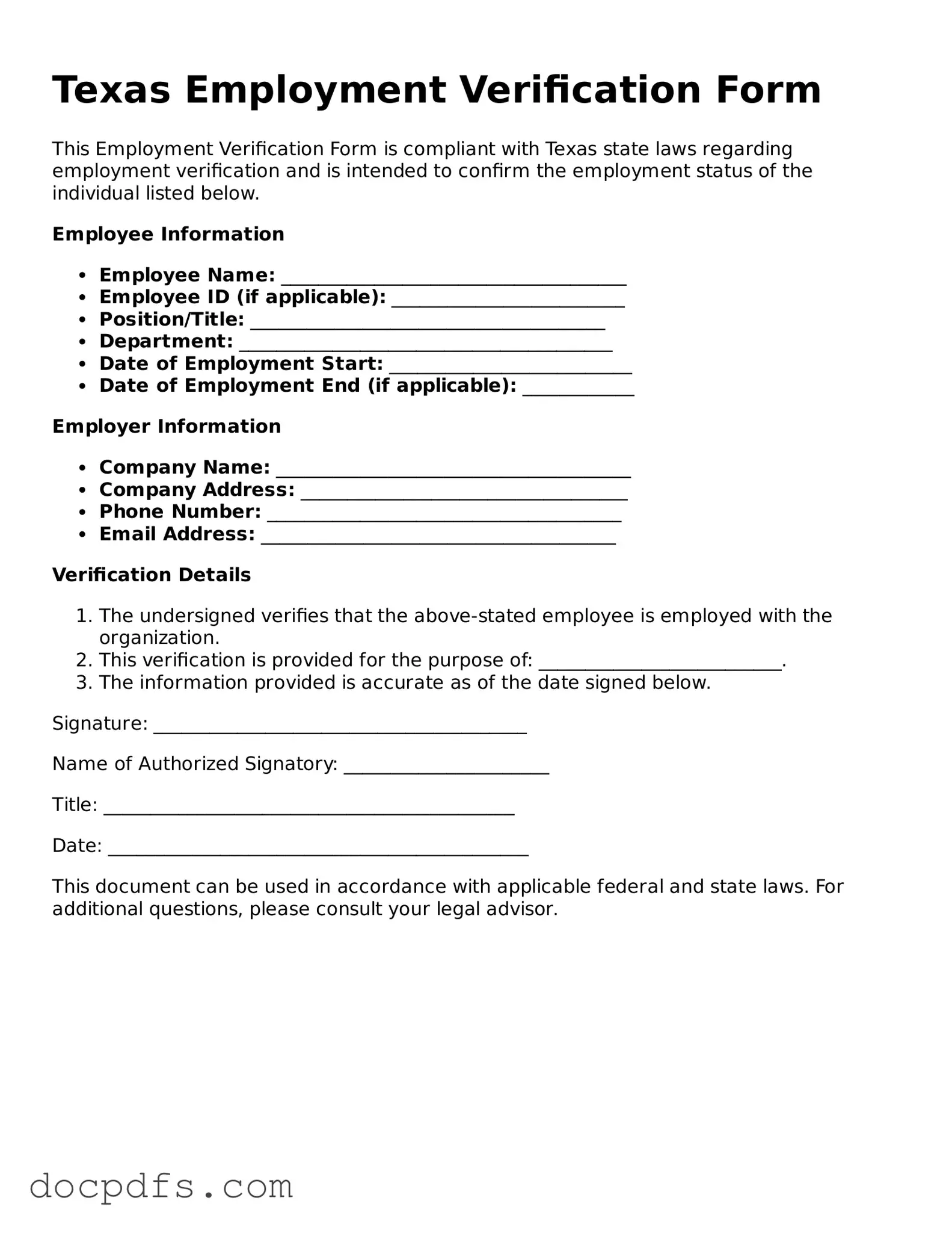 Free Texas Employment Verification Form